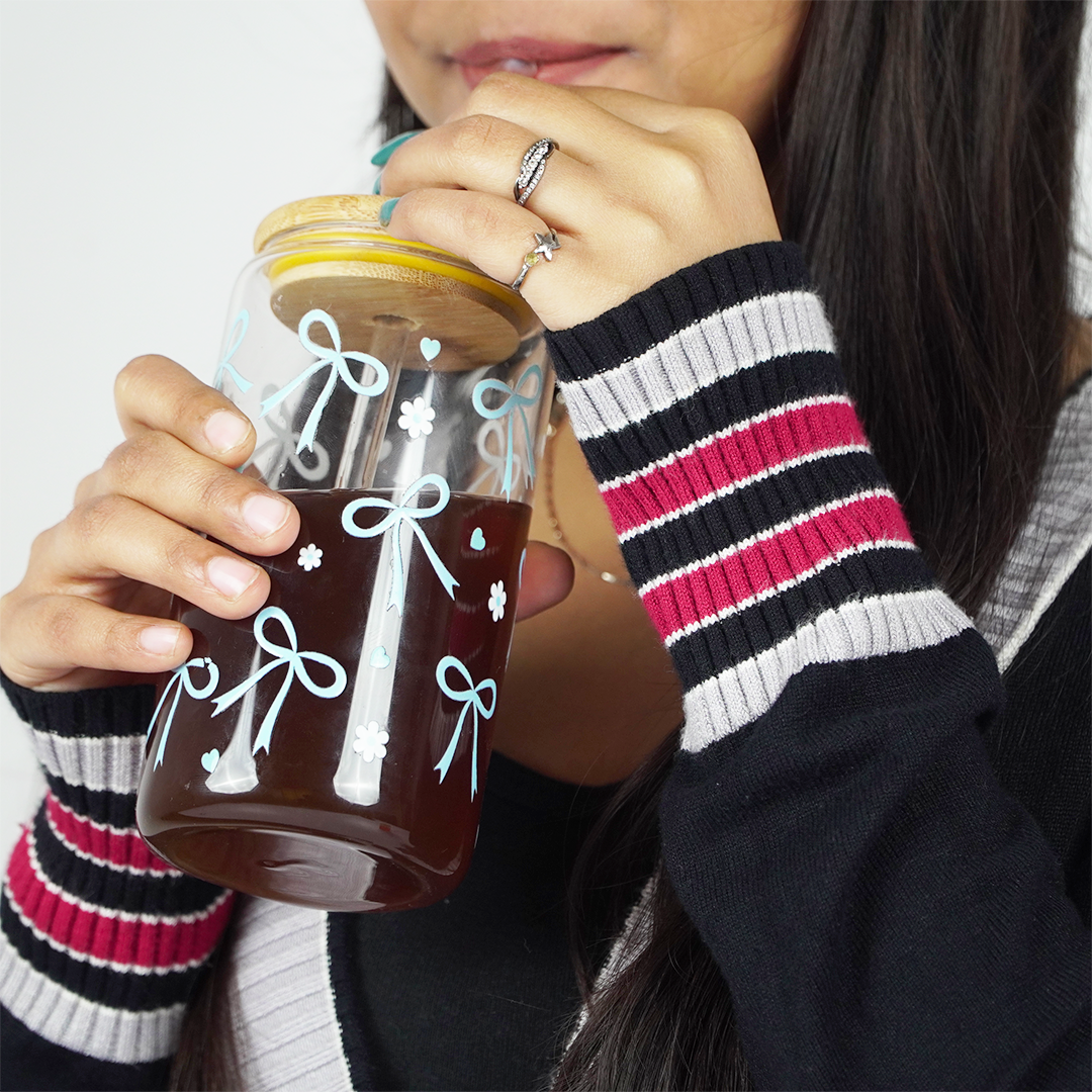Cute Bow Print Glass Tumbler with Bamboo Lid & Straw