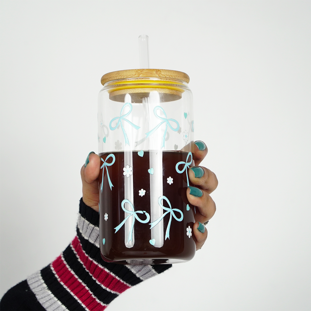 Cute Bow Print Glass Tumbler with Bamboo Lid & Straw
