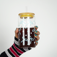 Cute Bow Print Glass Tumbler with Bamboo Lid & Straw