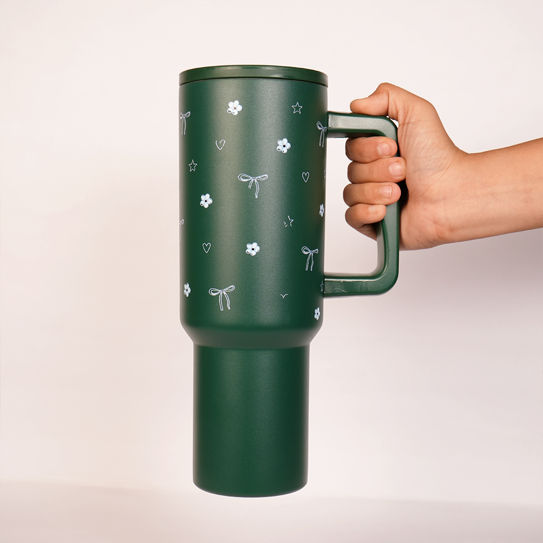 Deep Forest Green Floral & Bow Tumbler with Ergonomic Handle