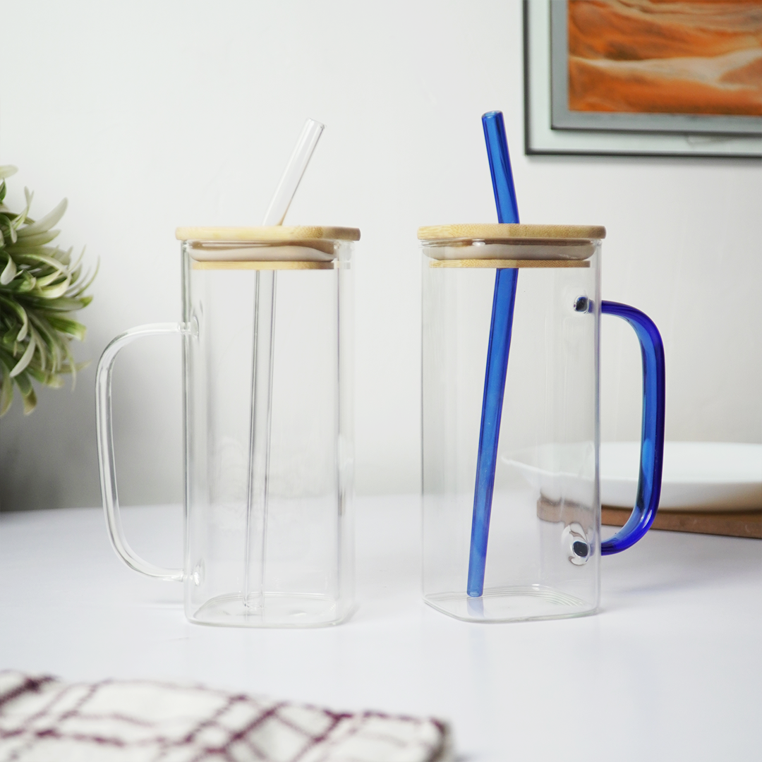 Glass Mug with Bamboo Lid & Reusable Straw | Clear Drinking Glass with Handle for Coffee