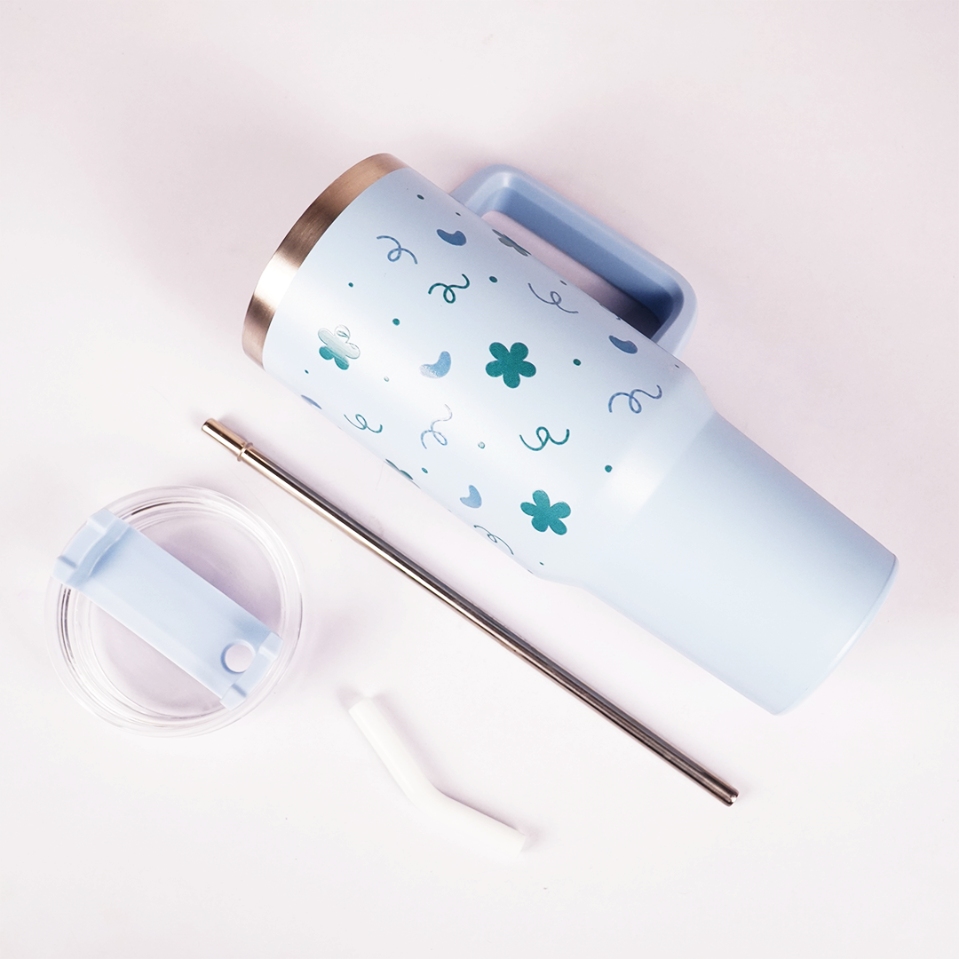 Blue Floral & Heart Print Tumbler – Insulated Travel Tumbler with Handle & Straw