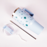 Blue Floral & Heart Print Tumbler – Insulated Travel Tumbler with Handle & Straw