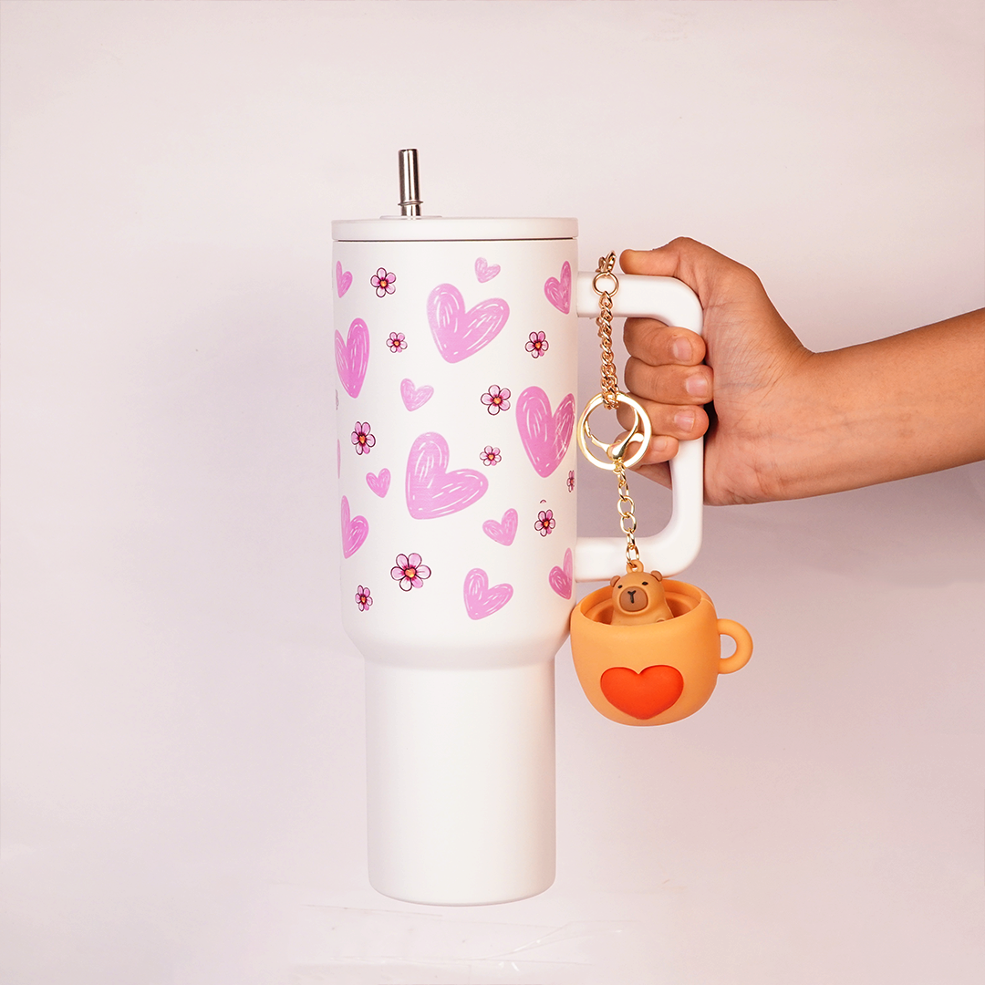 Pink Floral Heart Print White  Travel Tumbler with Handle & Straw