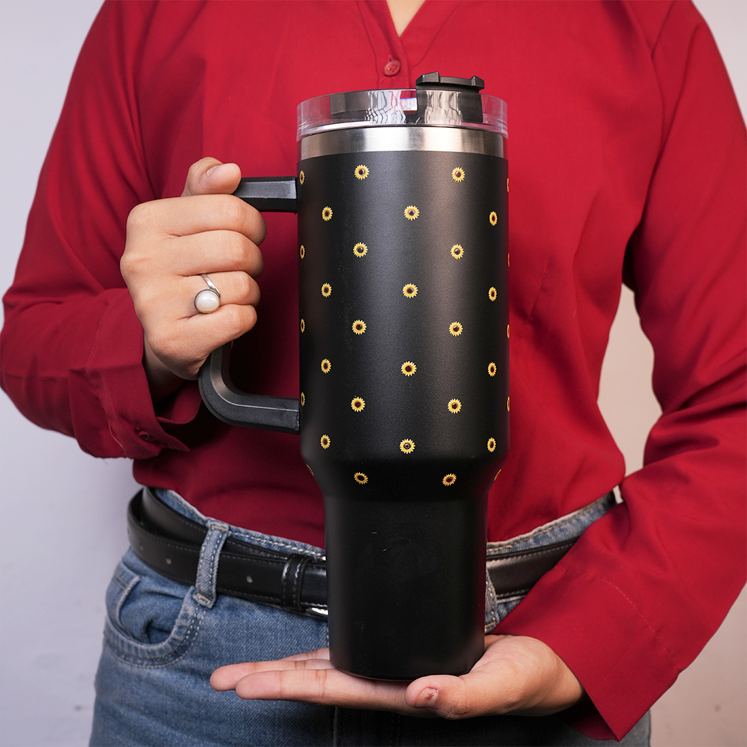 Black Sunflower Tumbler with Handle & Straw – Cute Floral Reusable Travel Cup for Women & Girls