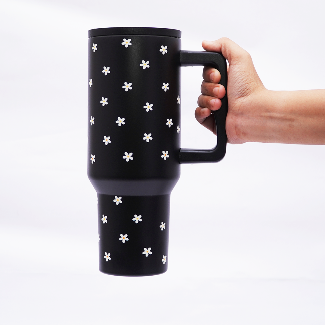 Black Daisy Stainless Steel Travel Tumbler with Handle & Leakproof Lid | Double Wall Insulated Coffee Mug