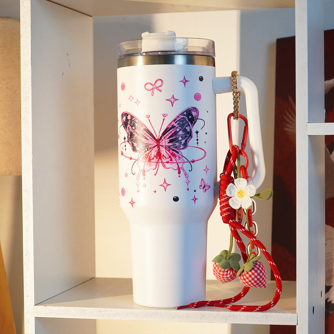 Butterfly Print Tumbler with Handle & Charm | Reusable Travel Cup | Cute Everyday Drinkware