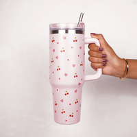 Pink Cherry & Floral Print Tumbler – Insulated Travel Tumbler with Handle & Straw