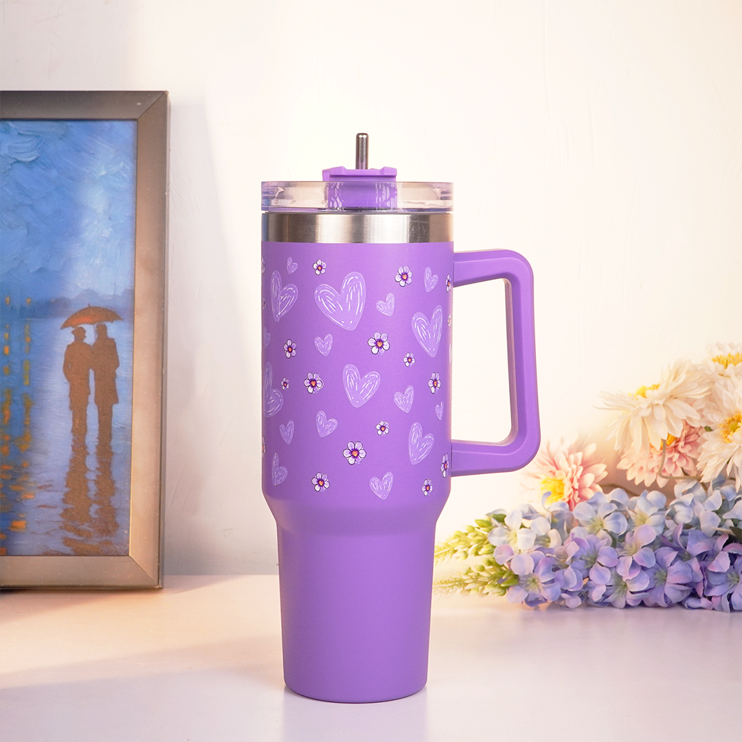 Purple Floral Tumbler with Handle & Straw – Cute Reusable Travel Cup for Everyday Drinks