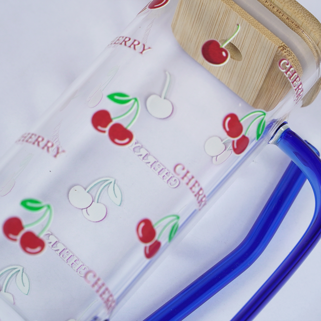 Set-2 Cherry & Floral Glass Cup with Bamboo Lid & Straw