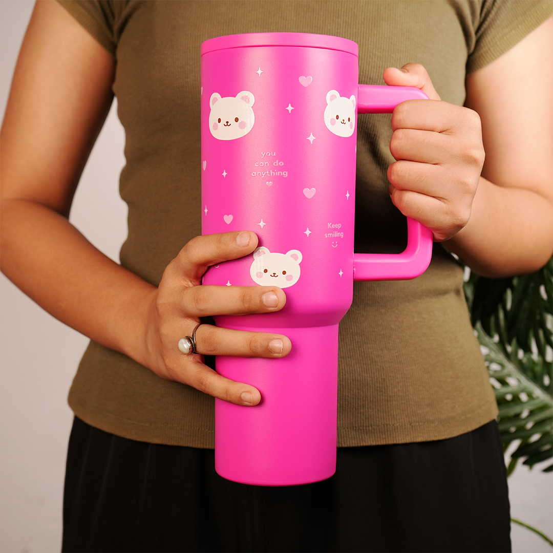 Hot Pink Happy Bear Insulated Tumbler with Handle