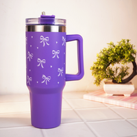 Purple Bow Print Tumbler – Insulated Travel Tumbler with Handle & Straw