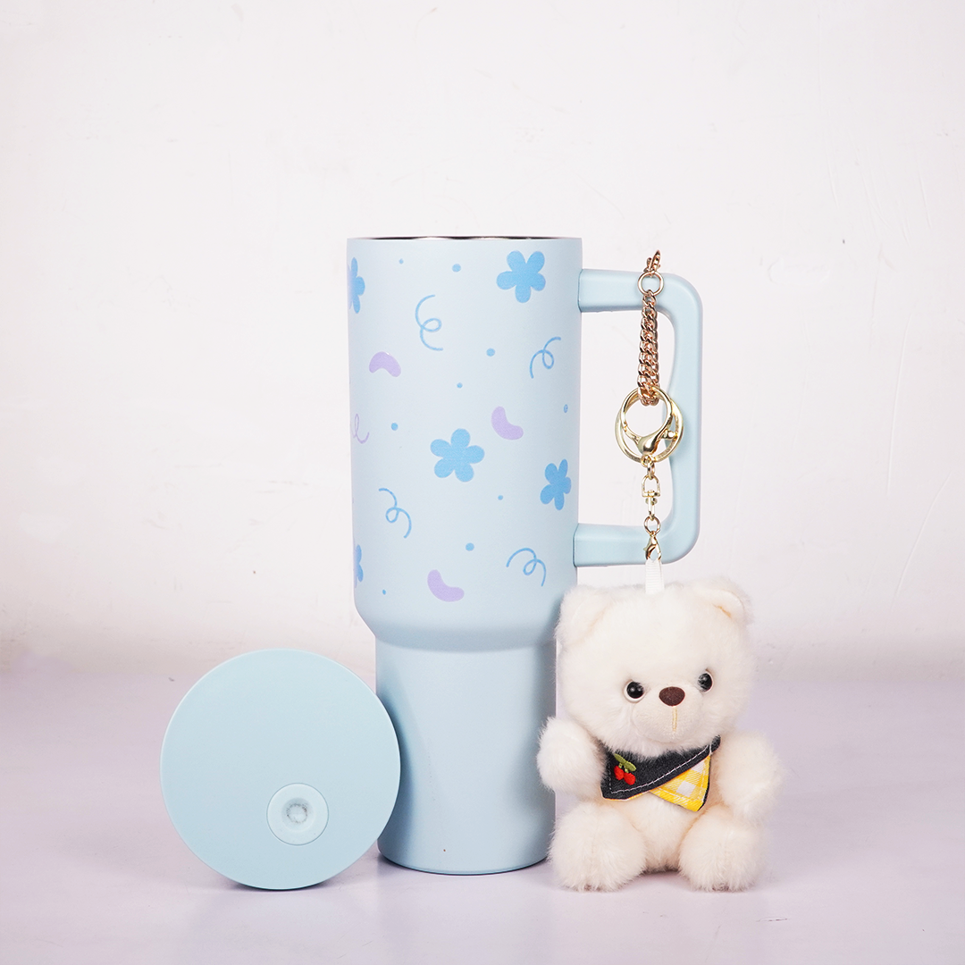 Blue Floral Tumbler with Handle & Straw – Cute Aesthetic Reusable Travel Cup(RANDOM CHARM)
