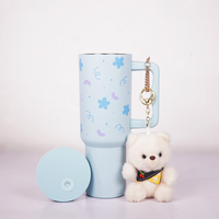 Blue Floral Tumbler with Handle & Straw – Cute Aesthetic Reusable Travel Cup(RANDOM CHARM)