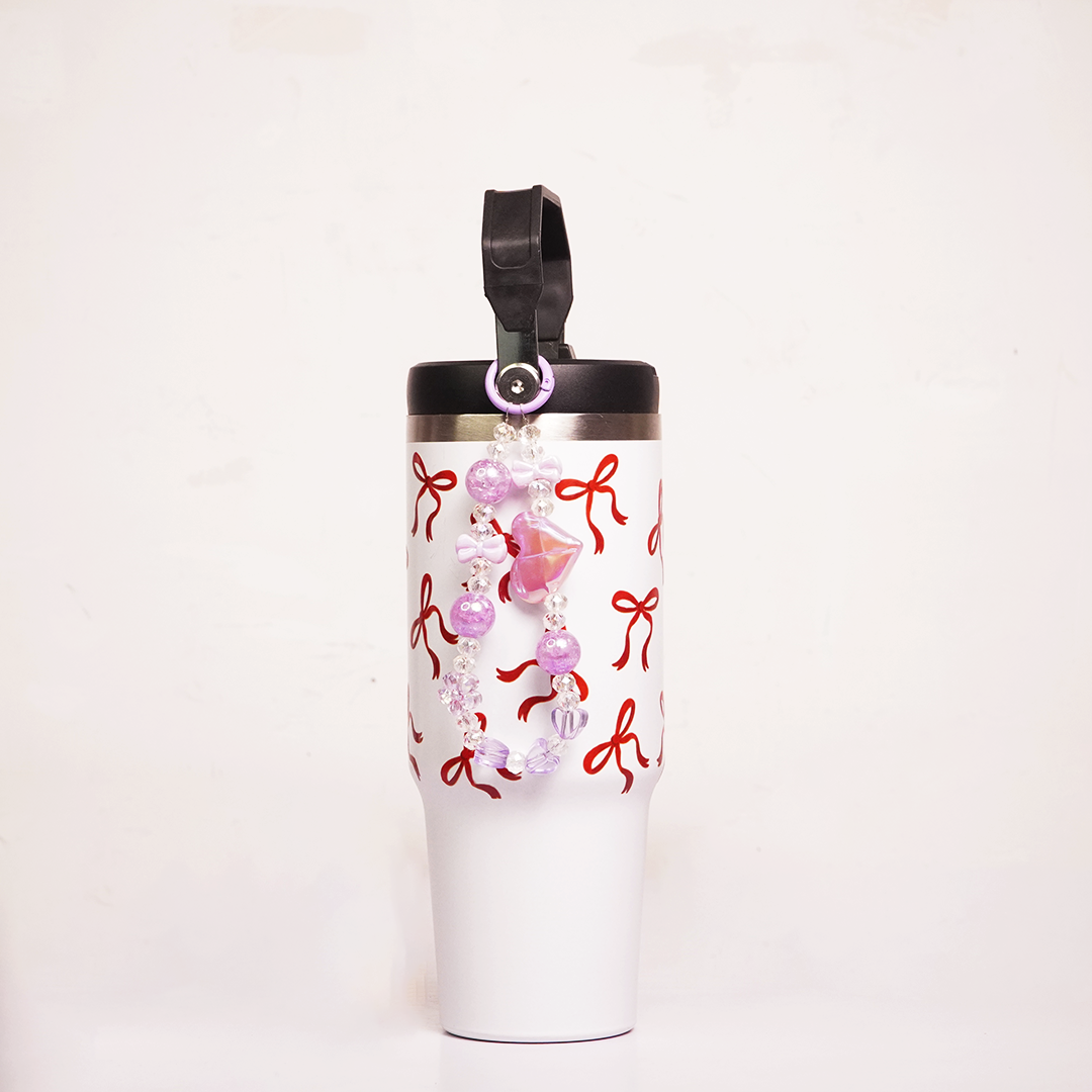 Bow Print Tumbler with Handle & Decorative Bead Charm | Reusable Travel Cup with Lid & Straw
