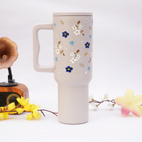 Blue Floral Stainless Steel Travel Tumbler with Handle | Double Wall Insulated & Leakproof
