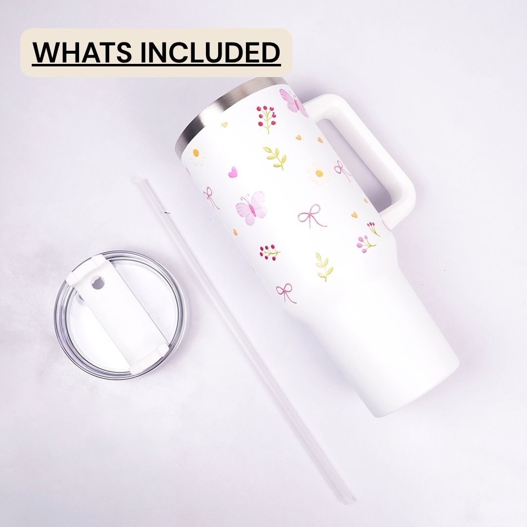 White Floral Butterfly Tumbler with Straw & Handle – Cute Aesthetic Travel Tumbler