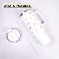 White Floral Butterfly Tumbler with Straw & Handle – Cute Aesthetic Travel Tumbler