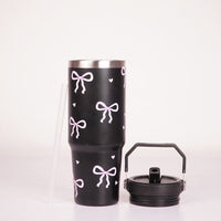 Bow Print Tumbler with Handle & Charm | Reusable Travel Cup | Cute Everyday Drinkware