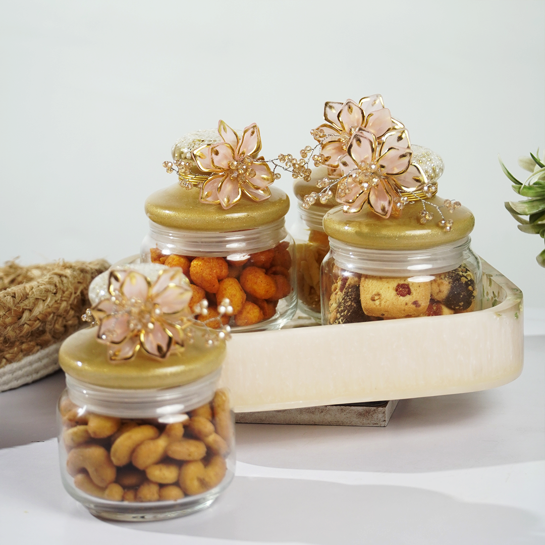 Set-4 Luxury Decorative Storage Jars Set with Pearl & Floral Lid