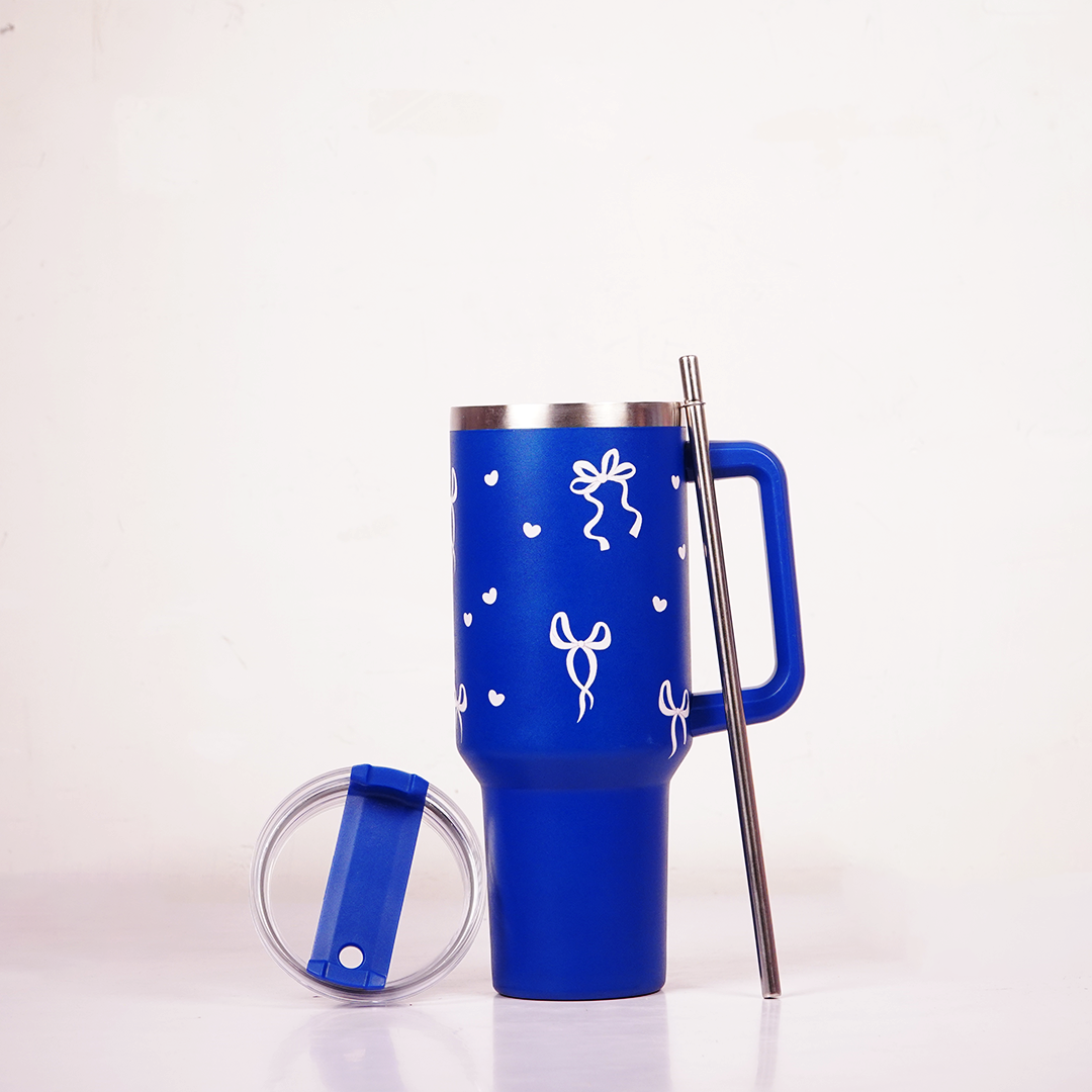 Royal Blue Bow & Heart Tumbler with Straw & Handle – Cute Coquette Travel Tumbler