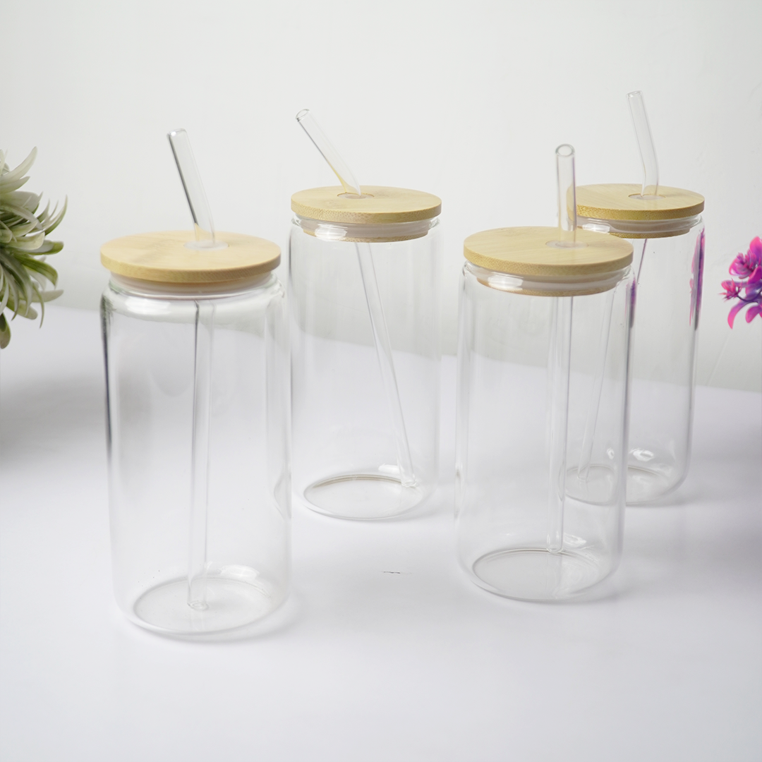 Clear Glass Tumbler with Bamboo Lid & Reusable Glass Straw
