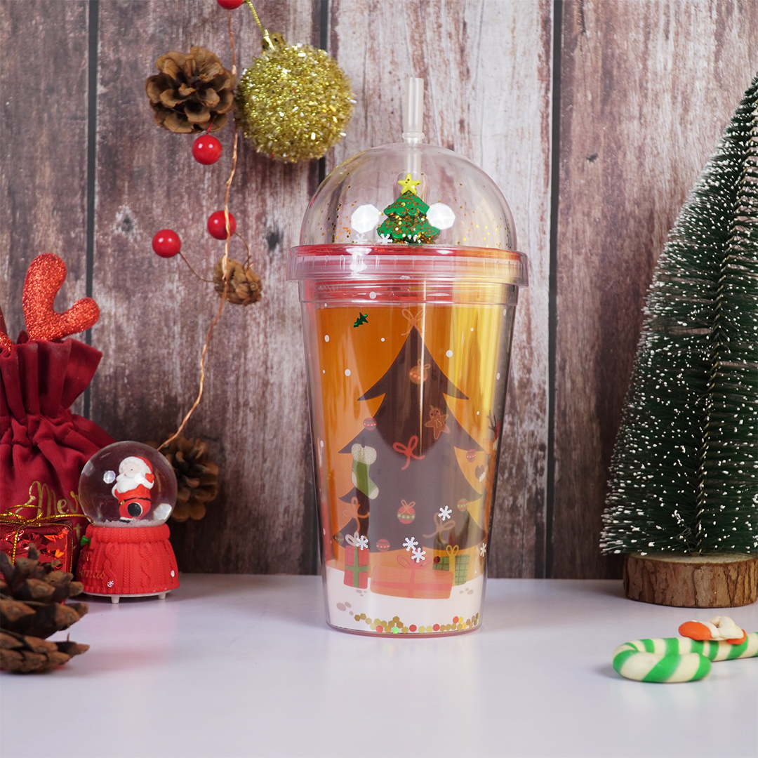 Merry Christmas Transparent Sipper with Dome Lid & Straw (Random Design Only Pack of 1)