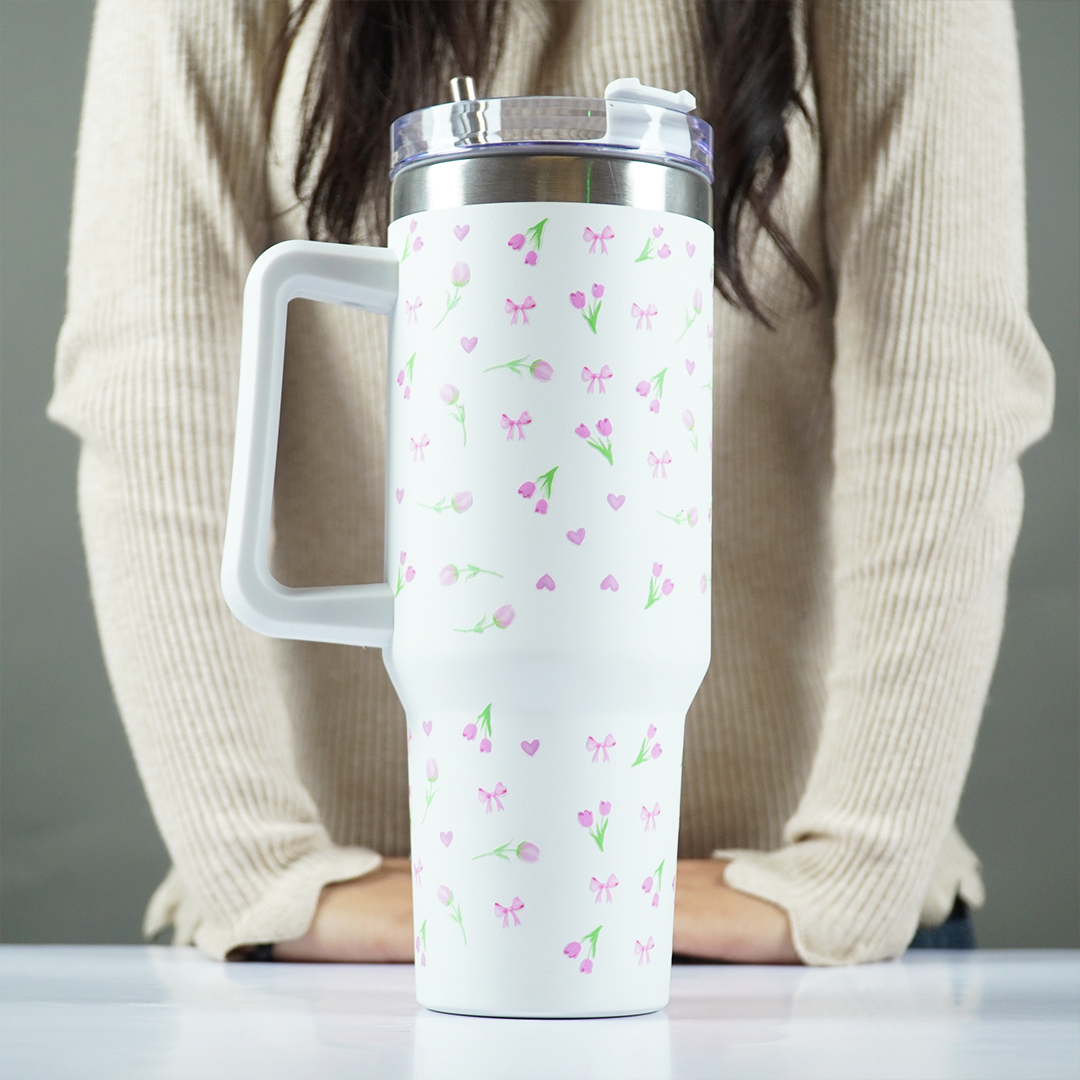Floral Stainless Steel Insulated Tumbler with Handle & Straw – 1200ml Leakproof Travel Mug | Height 27cm, Width 7cm