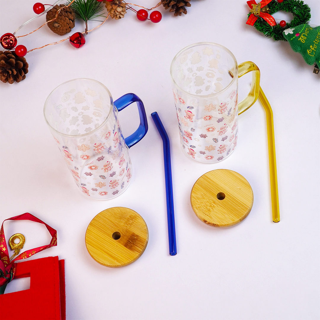 Christmas Ginger Bread with Minis Glass Tumbler with Handle & Bamboo Lid – Set of 2 | Festive Holiday Design with Straw