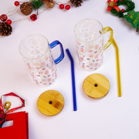 Christmas Ginger Bread with Minis Glass Tumbler with Handle & Bamboo Lid – Set of 2 | Festive Holiday Design with Straw