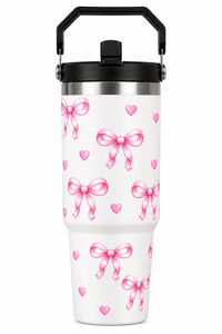Bow Print Tumbler with Handle & Charm | Reusable Travel Cup | Cute Everyday Drinkware