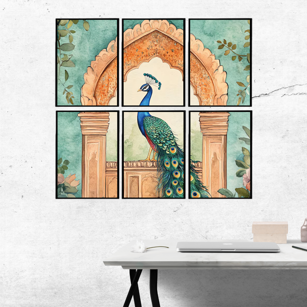 Royal Peacock Multi-Frame Wall Art | Traditional Indian Décor