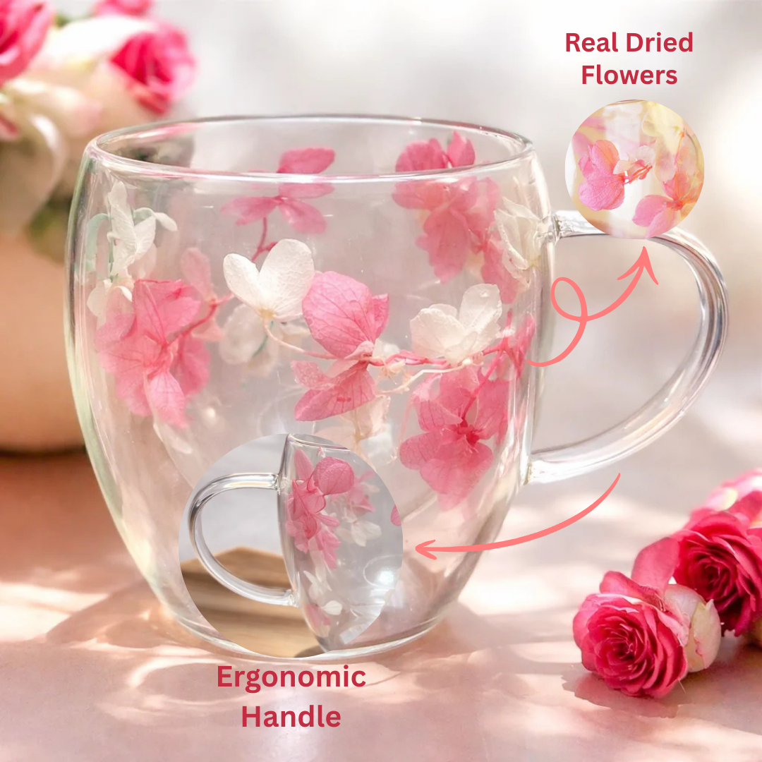 Dried Flowers Double Wall Borosilicate Glass Mug with handle