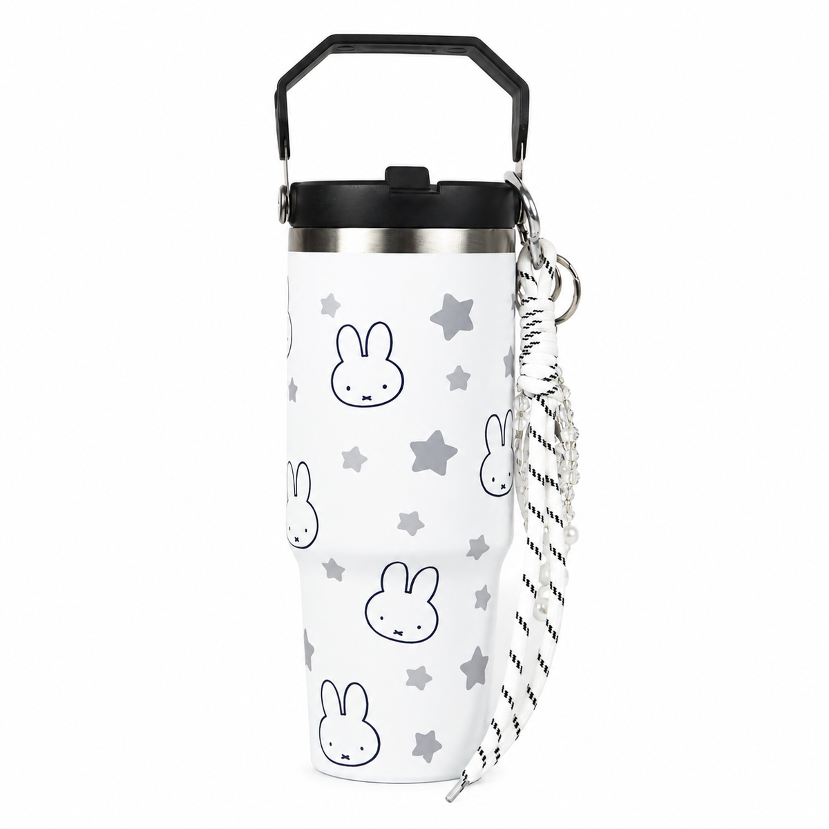 Bunny Print Tumbler with Handle & Lanyard | Reusable Travel Cup | Cute Everyday Drinkware