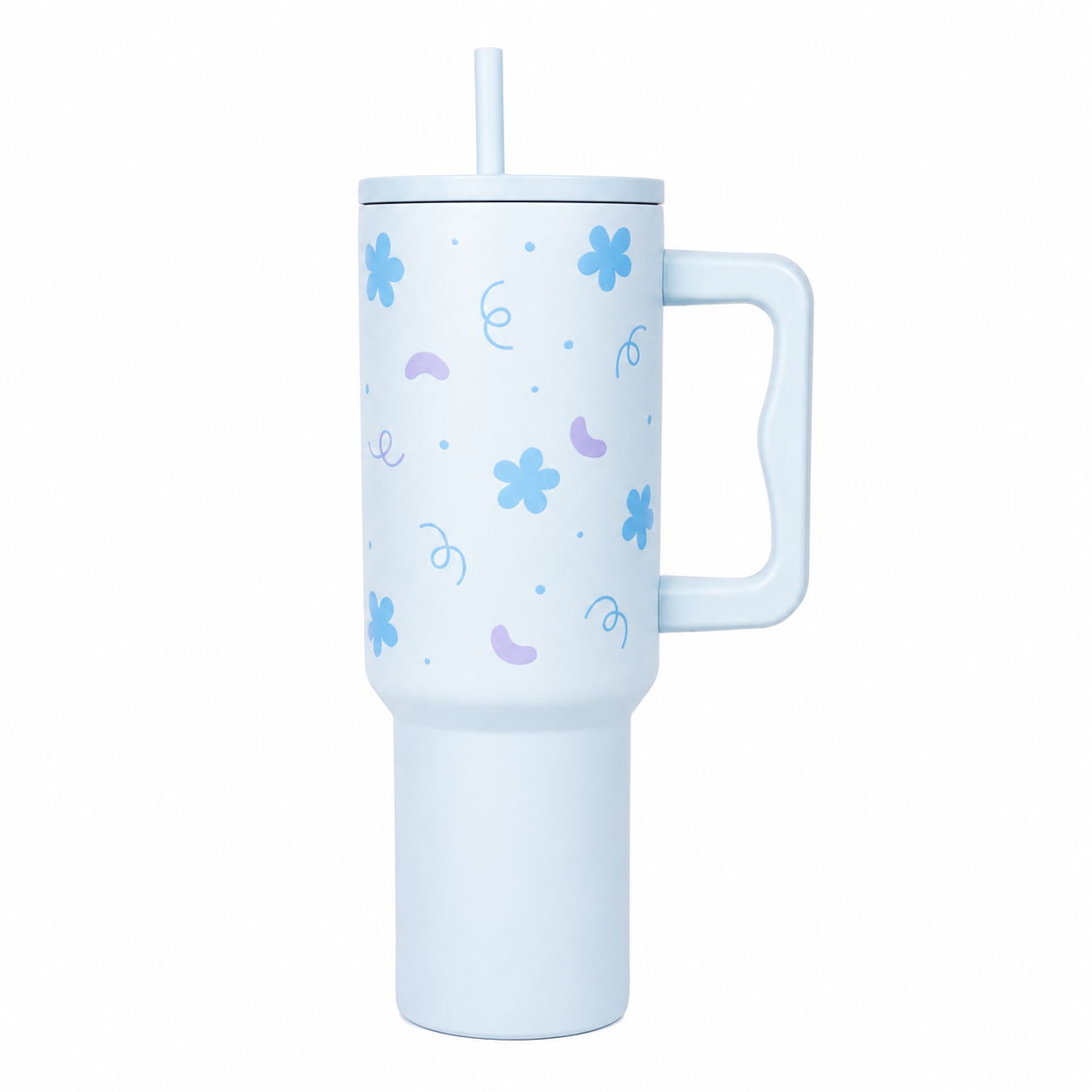 Blue Floral Tumbler with Handle & Straw – Cute Aesthetic Reusable Travel Cup(RANDOM CHARM)