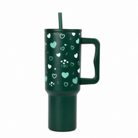 Green Heart Print Tumbler with Straw & Handle