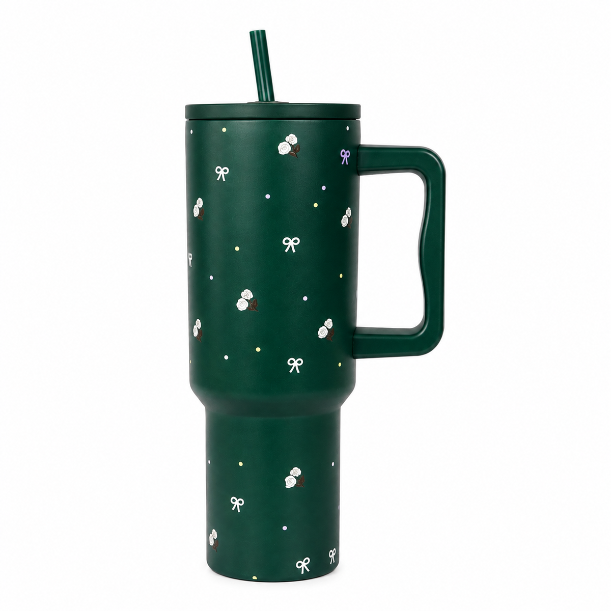 Floral Bow GREEN  Tumbler with Straw & Handle