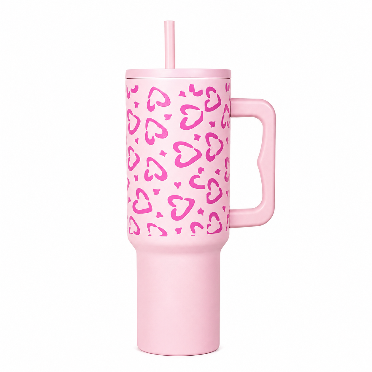 Soft Pink  Heart Leopard Print Travel Tumbler with Handle & Straw