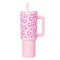 Soft Pink  Heart Leopard Print Travel Tumbler with Handle & Straw