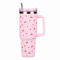 Pink Cherry & Floral Print Tumbler – Insulated Travel Tumbler with Handle & Straw