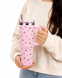 Pink Cherry & Floral Print Tumbler – Insulated Travel Tumbler with Handle & Straw