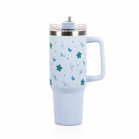 Blue Floral & Heart Print Tumbler – Insulated Travel Tumbler with Handle & Straw