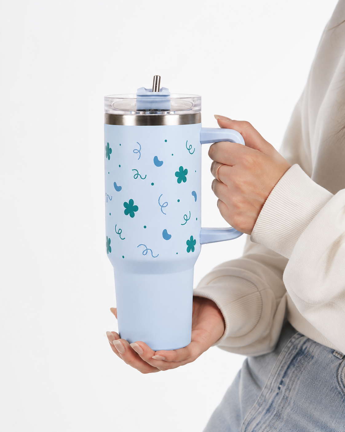 Blue Floral & Heart Print Tumbler – Insulated Travel Tumbler with Handle & Straw