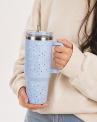 Blue Paw & Heart Print Tumbler – Insulated Travel Tumbler with Handle & Straw