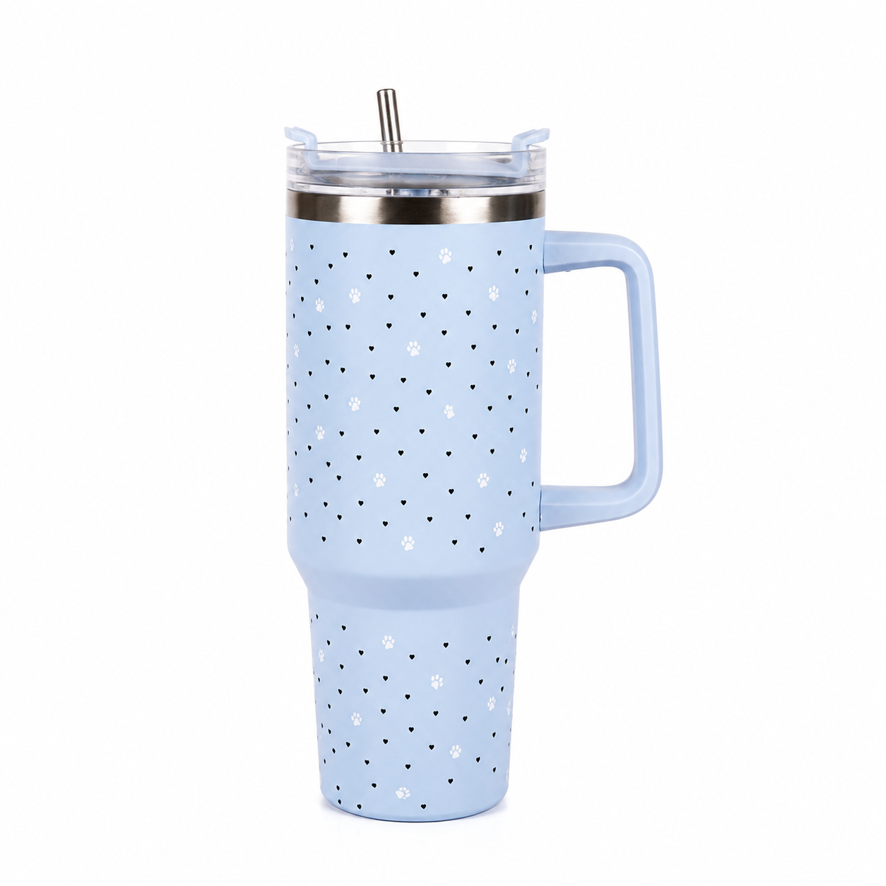 Blue Paw & Heart Print Tumbler – Insulated Travel Tumbler with Handle & Straw