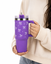 Purple Bow Print Tumbler – Insulated Travel Tumbler with Handle & Straw