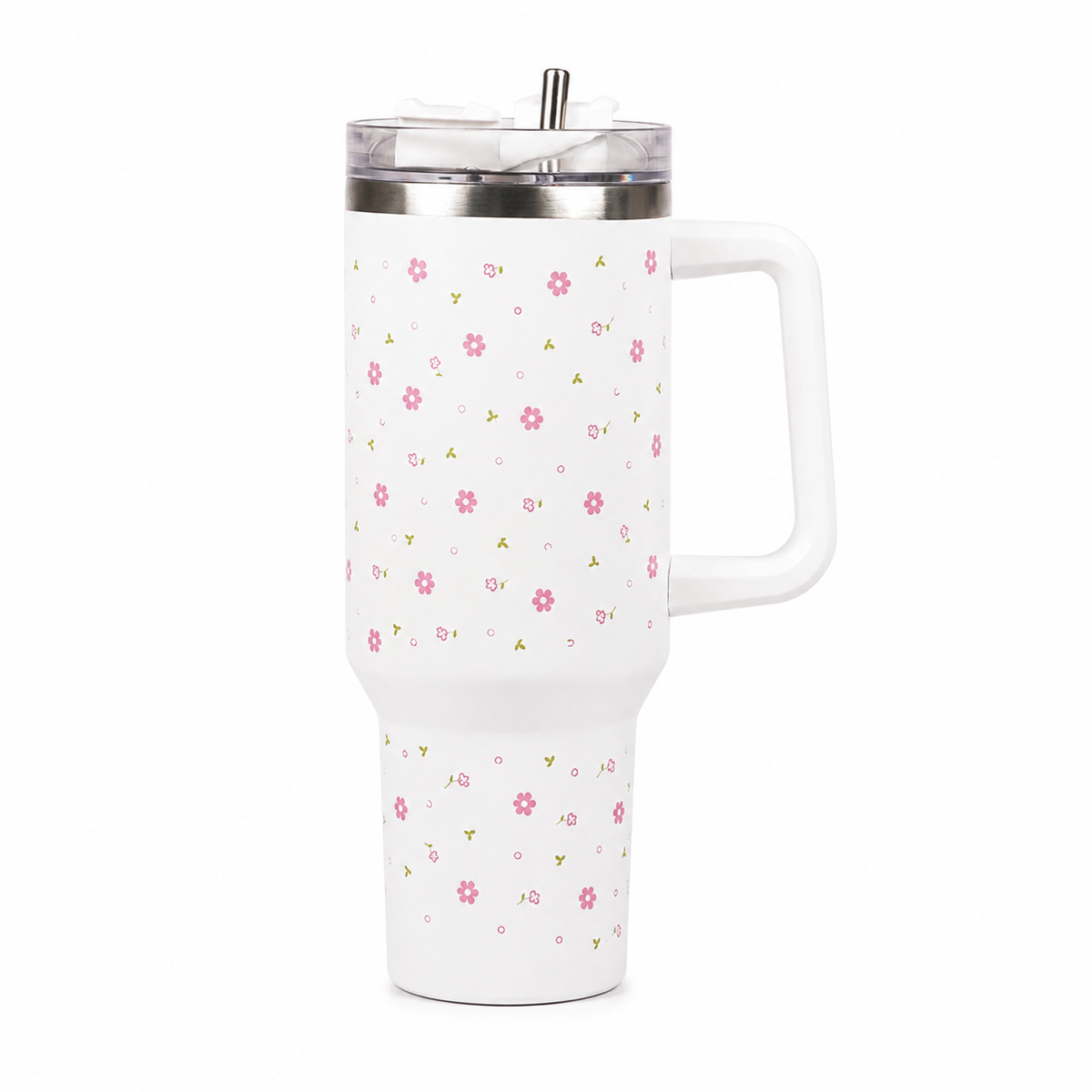 Delicate Pink Flower Tumbler with Handle & Straw