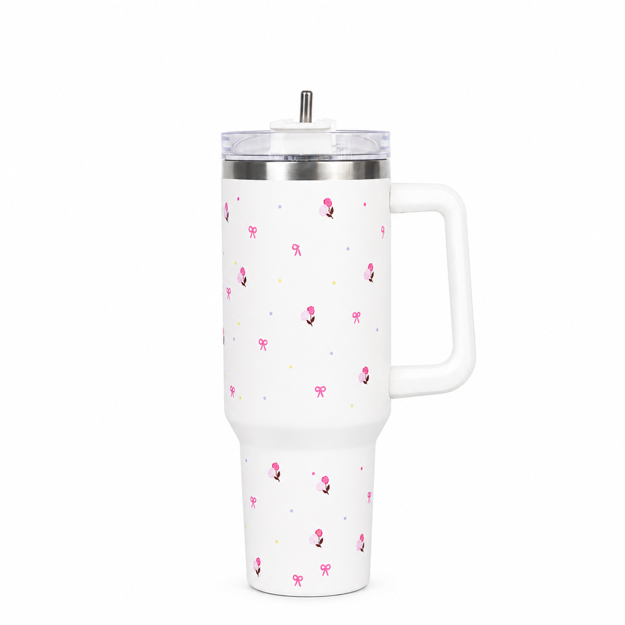 White Flower Tumbler with Handle & Straw – Cute Rose & Bow Design Reusable Travel Cup