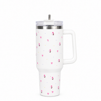 White Flower Tumbler with Handle & Straw – Cute Rose & Bow Design Reusable Travel Cup