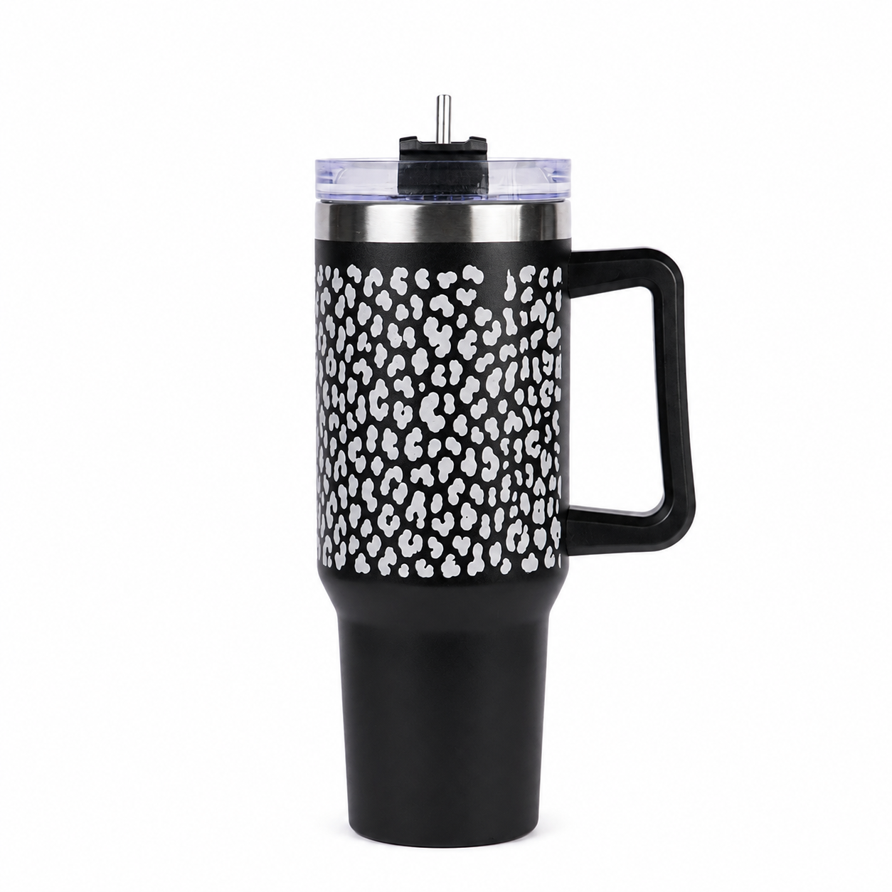 Black Leopard Print Tumbler with Handle & Straw – Stylish Reusable Travel Cup for Women & Girls